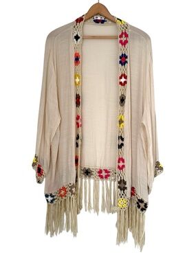 Anthropologie x Kindred Kimono Size 3X Crochet Fringe Bohemian Boho Festival